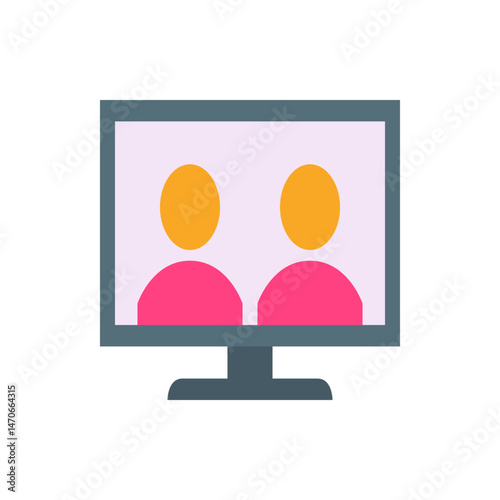 Computer screen displaying two abstract figures with orange heads and pink bodies in a video call setup
