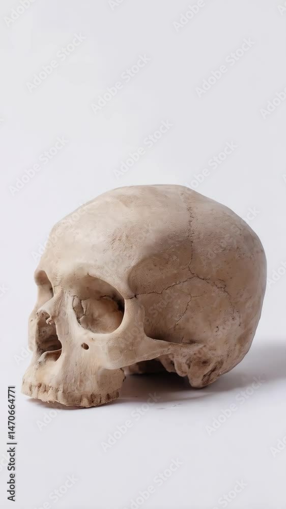 Anatomically correct human skull resting on a white surface with visible bone structure and textured surface in studio lighting. Anatomically correct human skull resting on a white surface with visible bone structure and textured surface in studio lighting.