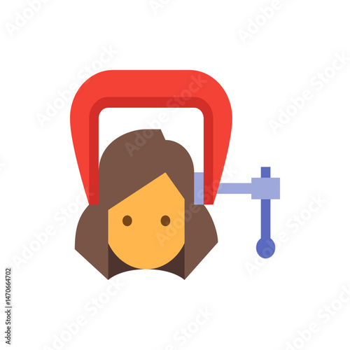 Illustration of a person with brown hair and a clamp pressing down on their head in red and blue colors