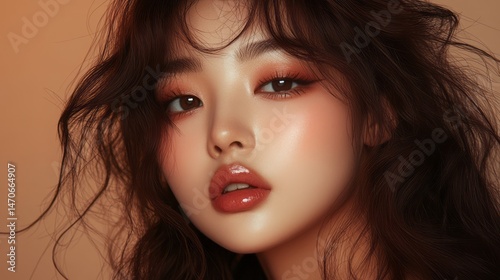 Close-up portrait of a young woman with soft, warm makeup.