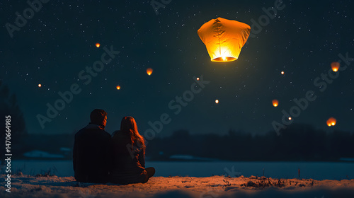 Night Sky Lantern Wishes: A romantic couple sits together in the snow, gazing at numerous sky lanterns floating gently under a breathtaking starry night sky.  The scene evokes warmth, hope.