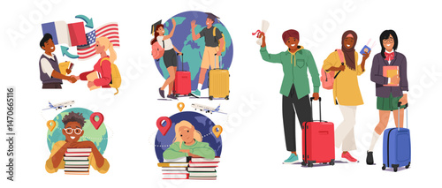 Student engaged in exchange program opportunity cartoon scene set with happy experienced adolescents