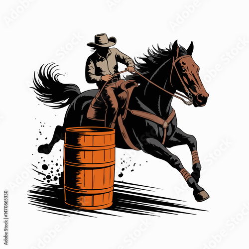 Stylized Woodcut Barrel Racing Art – Black and Orange Illustration of a Galloping Horse and Rider Maneuvering Around a Barrel with Dynamic Motion

