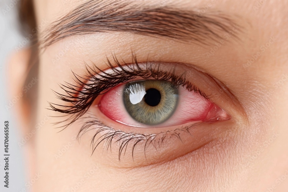 Obraz premium Close-up of a red, irritated eye, due to infection or allergy.