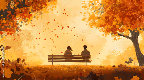Autumn Reverie: A couple sits on a bench, immersed in the amber embrace of an autumn afternoon, surrounded by a tapestry of fallen leaves and the warm glow of nature.