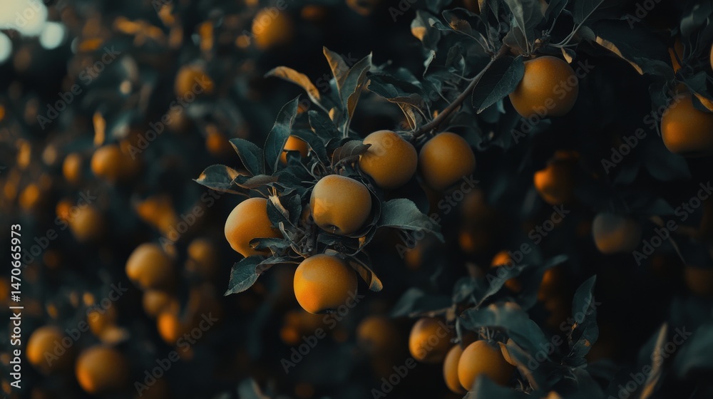 Close-up view of ripe apples on a tree branch. Close-up view of ripe apples on a tree branch.