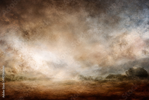 Misty Landscape: An atmospheric landscape evoking a sense of mystery and timelessness, the photograph captures a vast, open vista with muted tones and dramatic, layered clouds.