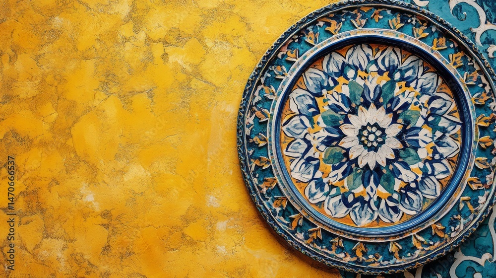 Fototapeta premium Ornate ceramic plate on a textured yellow backdrop.