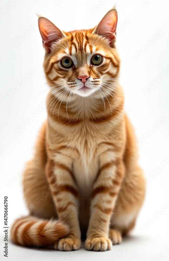 Fototapeta premium Adorable orange cat sits front on white background. Domestic feline looking at camera. Cute striped pet with attentive gaze. Minimal portrait of animal, studio shot, simple style.