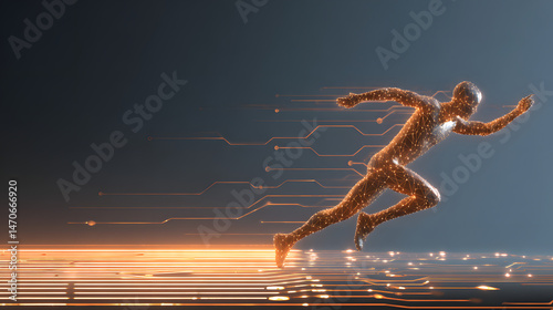 Digital Runner: A futuristic digital rendering depicts a dynamic runner, constructed from interconnected nodes and radiating energy, symbolizing the synergy of technology and human potential. 