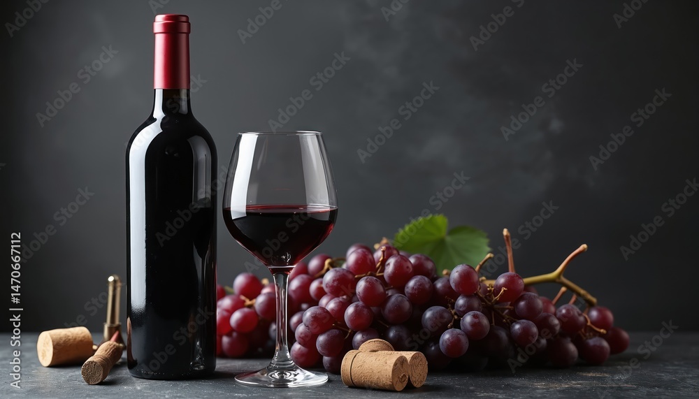 Obraz premium Still life composition with red wine bottle, glass, grapes. Elegant bar, eatery scene. Wine tasting event. Vintage alcohol beverage luxury. Celebration. Drink concept. Food and drink photo.