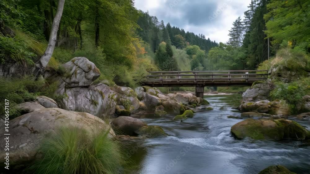 Rustic wooden bridge spans a gentle river flowing through a lush, green forest landscape with moss covered rocks and a cloudy sky. Rustic wooden bridge spans a gentle river flowing through a lush, green forest landscape with moss covered rocks and a cloudy sky.