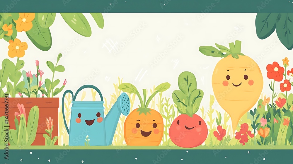 Fototapeta premium Cute vegetables and flowers in a garden scene.