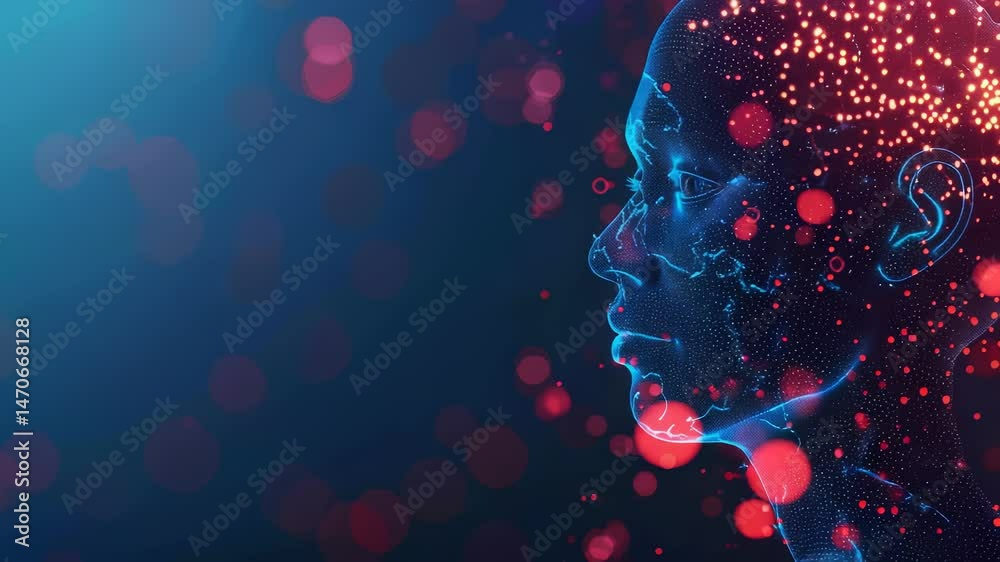 Conceptual illustration of a human head profile, visualized as a digital network of glowing dots and lines in blue and red against a dark blue background with soft red bokeh orbs.