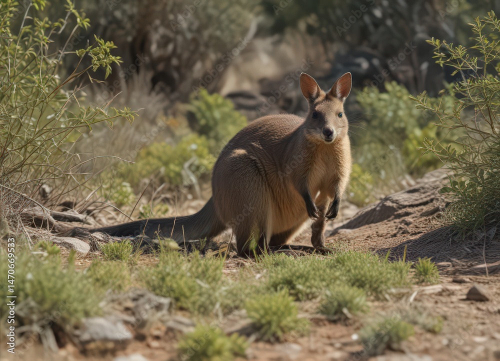 Naklejka premium Rock wallaby grazing amongst sparse vegetation, rock wallaby, vegetation, grazing