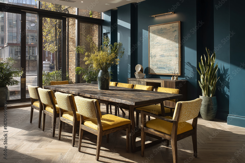 Fototapeta premium Sunny dining room interior, showcasing a long wooden table with yellow chairs, plants, and artwork. Modern design, ideal for showcasing restaurant or home decor