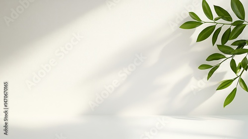 Green Leaves Shadow on White Wall Background