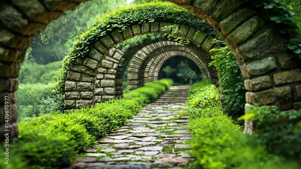 Stone Arch Pathway: A captivating path leads through a series of stone arches overgrown with vibrant greenery, creating an enchanting passageway for the imagination to wander. Stone Arch Pathway: A captivating path leads through a series of stone arches overgrown with vibrant greenery, creating an enchanting passageway for the imagination to wander.