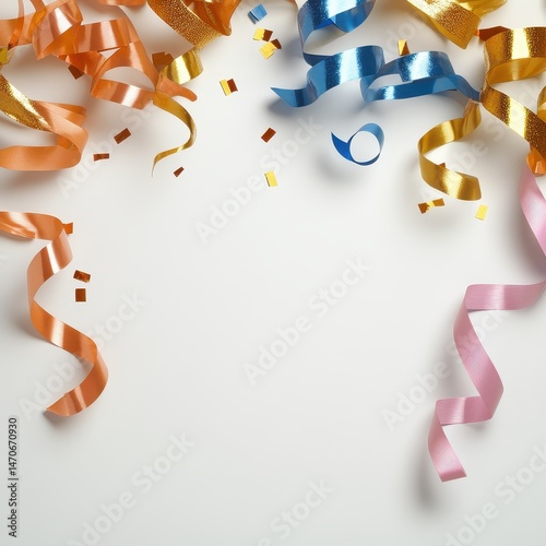 Colorful Ribbons and Confetti on White Background for Celebrations and Events