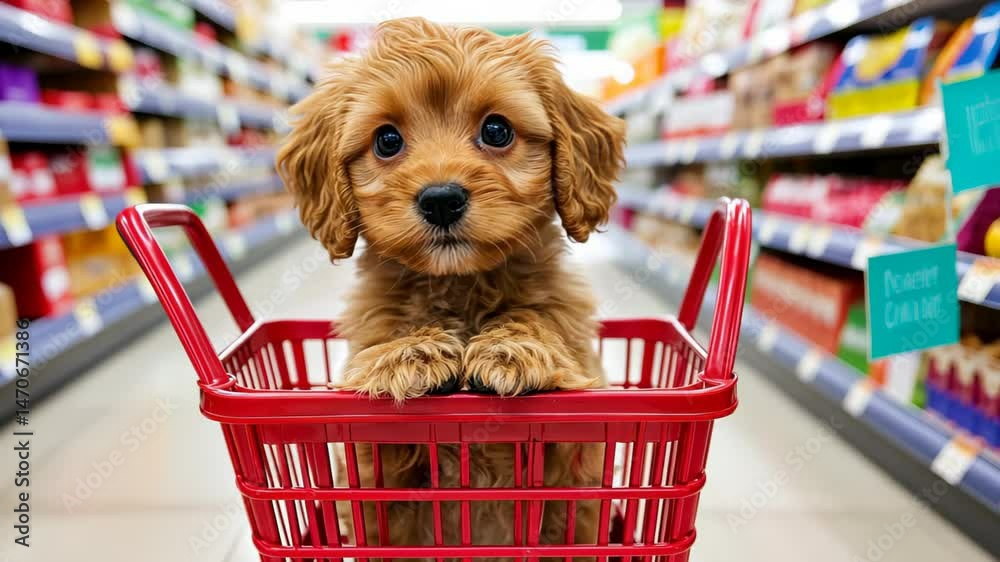 Adorable Puppy Shopping Spree: A captivating, close-up shot of a puppy, nestled comfortably in a shopping basket, exploring a vibrant grocery store setting.