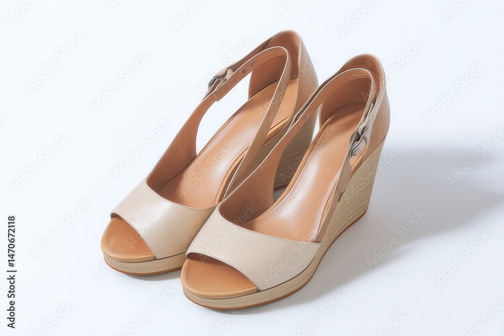 Pair of beige wedge sandals, perfect for summer. Comfortable and stylish! Pair of beige wedge sandals, perfect for summer. Comfortable and stylish!