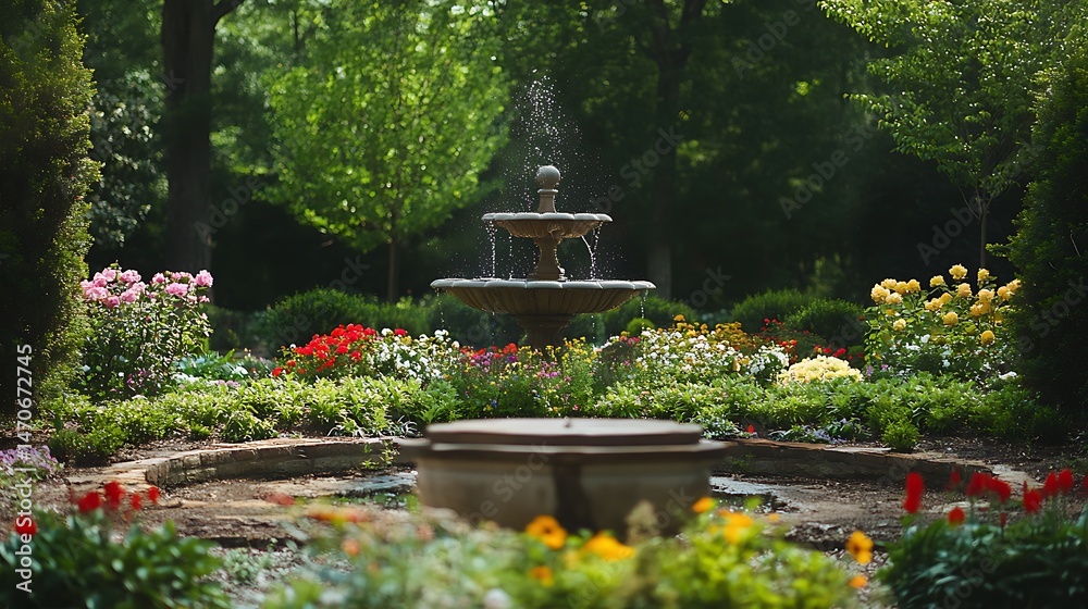 Obraz premium Lush garden fountain surrounded by colorful flowers and greenery.
