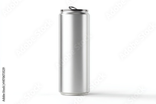 Sleek silver aluminum can with a pull tab, standing tall against a white backdrop.