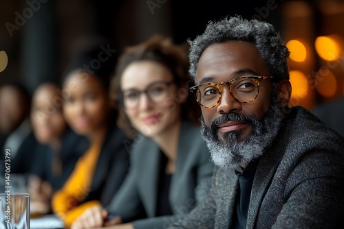 Realistic Business Meeting Mockup – Diverse Professionals Seated at Conference Table for Branding and Corporate Presentation


