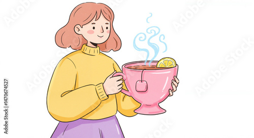 Young girl enjoying a steaming cup of tea with lemon  