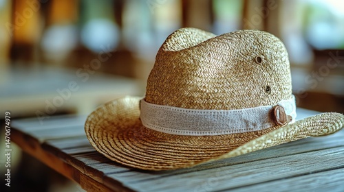 Straw cowboy hat on wooden table