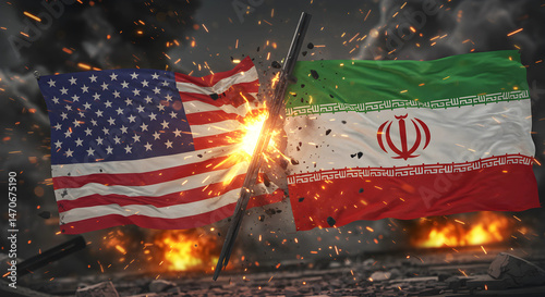 Iran and USA flags crossed with dramatic  background.
