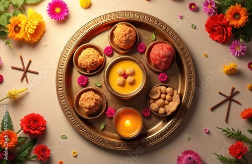 Wallpaper Mural Top-down Bhai Dooj pooja setup. Festive thali with sweets, flowers, candle. Indian cultural celebration, traditional ritual. Family festival holiday with blessings, joy, togetherness and devotion. Torontodigital.ca