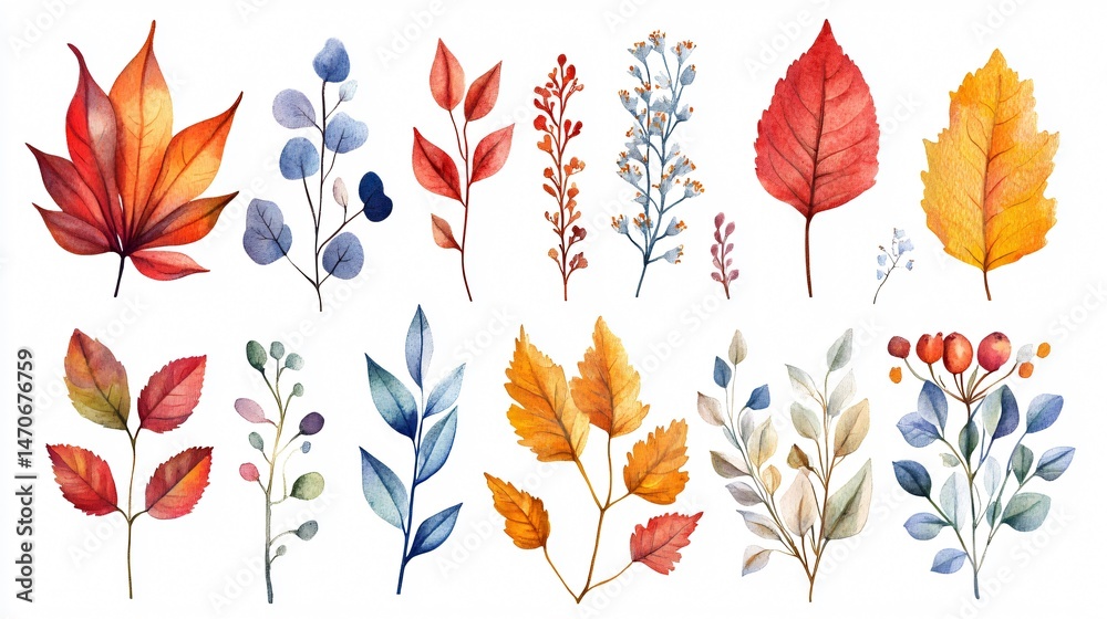 Fototapeta premium Elegant Watercolor Autumn Leaves and Floral Branches