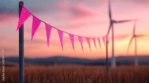 Pink Flags Adorn Wind Turbines at Sunset Over Golden Field