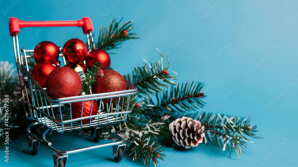 Festive holiday shopping scene with a miniature shopping cart filled with red Christmas ornaments against a bright blue background, accented with pine branches and a pinecone.