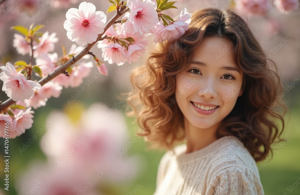 Fototapeta premium Beautiful woman with curly hair smiles near blooming sakura tree. Young female enjoys floral pink blossom in spring garden. Pretty girl face portrait during Hanami festival, Japan.