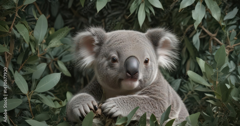Fototapeta premium Adorable koala joey nestled amongst eucalyptus leaves in a continuous repeating pattern , seamless pattern, print