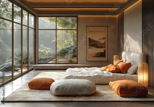 Serene Modern Bedroom with Large Bed, Cozy Orange Cushions, and Floor-to-Ceiling Windows Showcasing Lush Greenery


