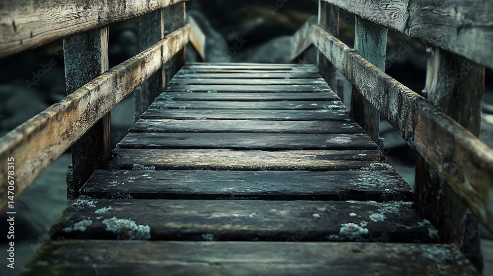 Obraz premium Wooden walkway leading into a shadowy space.