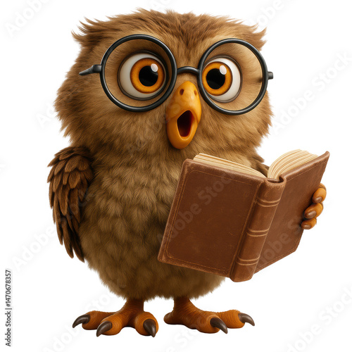 Cute cartoon owl with glasses reading a book, surprised expression on its face, educational and whimsical 3D illustration on transparent background for learning and kids concept design.