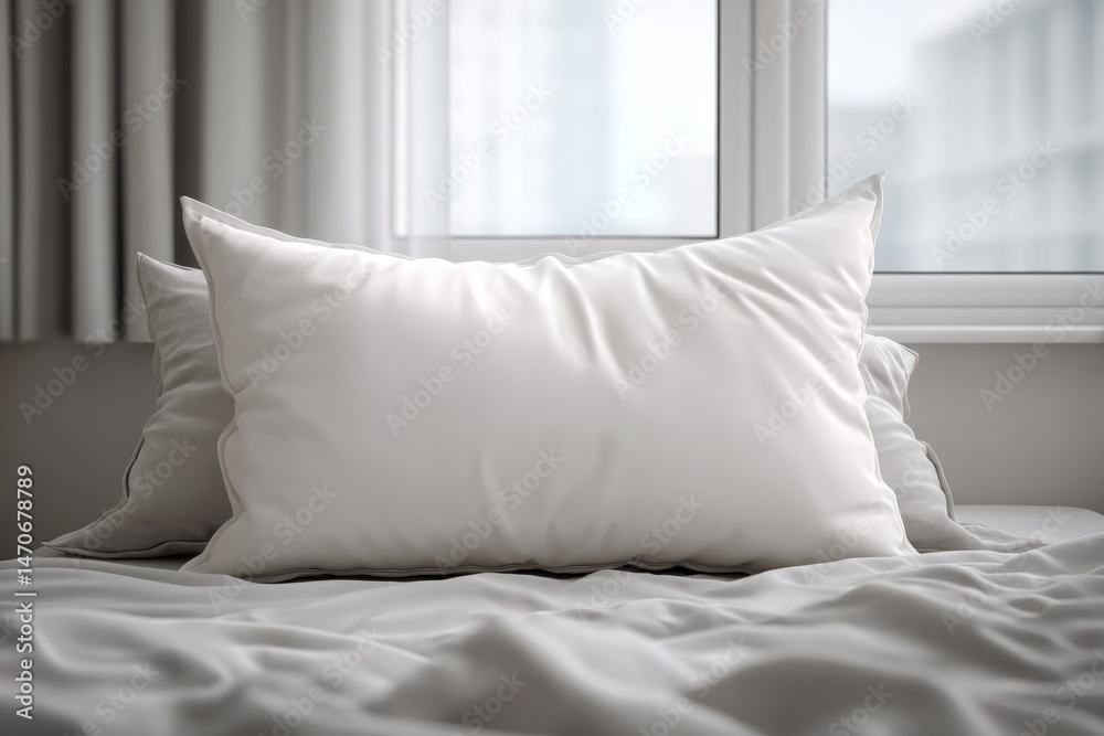 Obraz premium Close-up of a meticulously arranged bed featuring a pristine white pillow set against the backdrop of a bright window and soft, elegant curtains, inviting comfort.