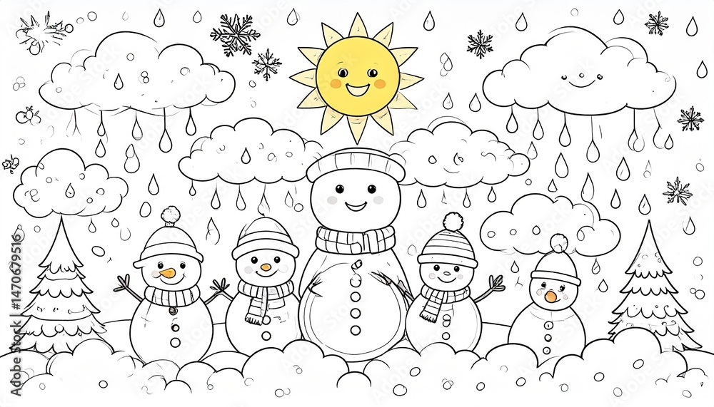 Fototapeta premium Fun black-and-white coloring page featuring smiling snowmen, rain clouds, sun, and raindrops—perfect for children's weather education, crafts, and seasonal activity books. Ai generated