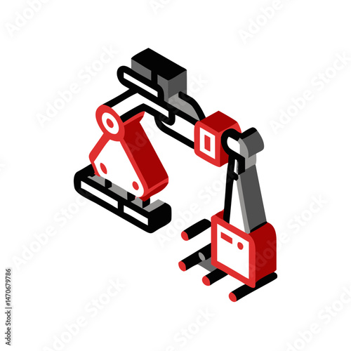 Assembly robot icon, modern style, red and black colors, automated machinery, copy space