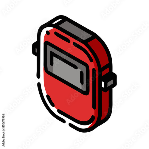 Welding mask icon, modern style, red and grey colors, industrial safety gear design, copy space