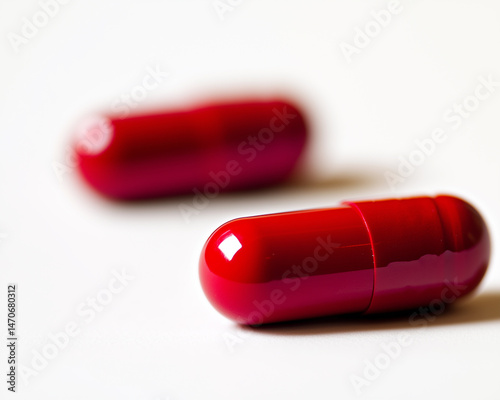 Red glossy capsules on white background with shallow depth of field
