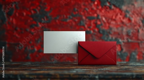 Red Envelope and Blank White Card on Wooden Surface Against Textured Red Background

