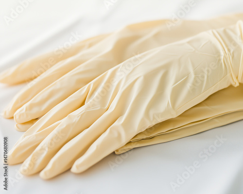 Sterile beige latex gloves stacked on white fabric
