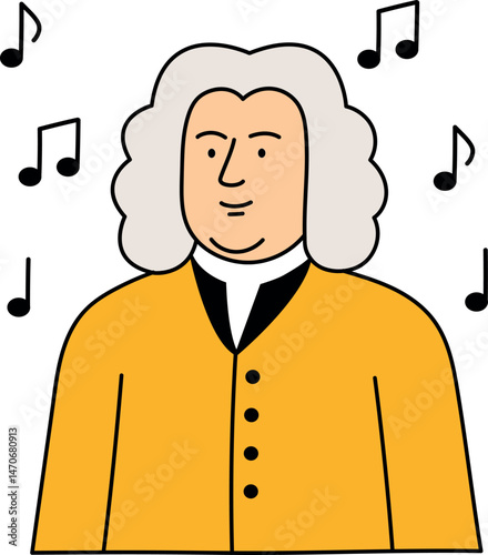  Cartoon portrait of the composer.
A flat vector illustration of a classical composer with white curly hair and a yellow coat surrounded by floating notes.