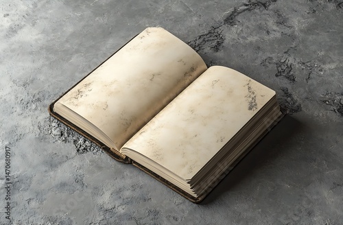 Open Blank Book with Aged Textured Pages Resting on Dark Gray Surface

