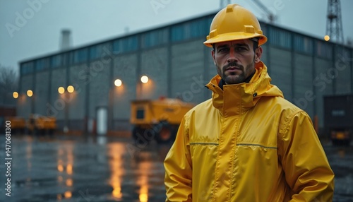 Man in yellow raincoat stands industrial building. Worker wears hard hat, rain gear, caution. Industrial plant, factory, power, oil, gas safety. Safety concept. Environment, construction, disaster.